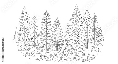A dense forest of tall pine trees standing closely together in a natural setting isolated on transparent background, Vector