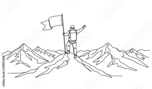 A minimalist line art illustration of a triumphant hiker standing on a mountain peak with a flag