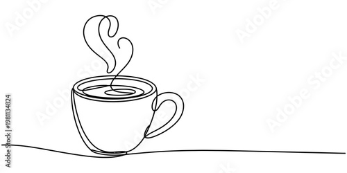 Elegant one line drawing illustration of a steaming cup of hot coffee or tea