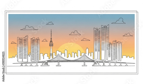 A minimalist vector illustration of a city skyline at sunset with a bridge