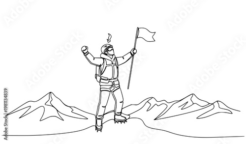 A triumphant mountaineer standing on a mountain peak with a flag