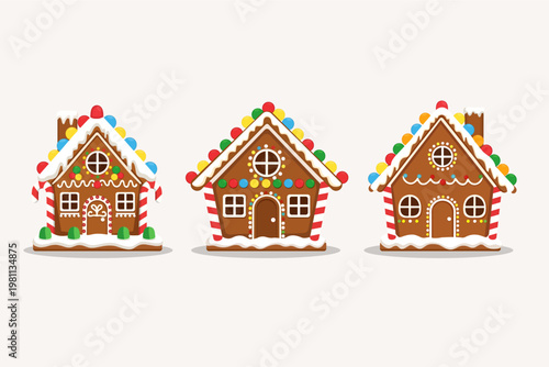 Set of Colorful Christmas Gingerbread Houses with Candy Decorations