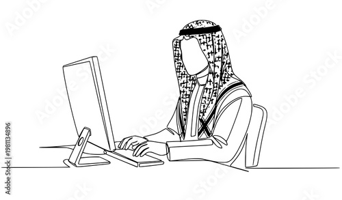 A minimalist line art illustration of a man in traditional Middle Eastern attire working on a computer