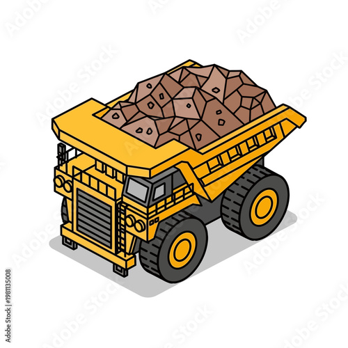 Heavy Duty Yellow Mining Dump Truck Loaded with Rocks.