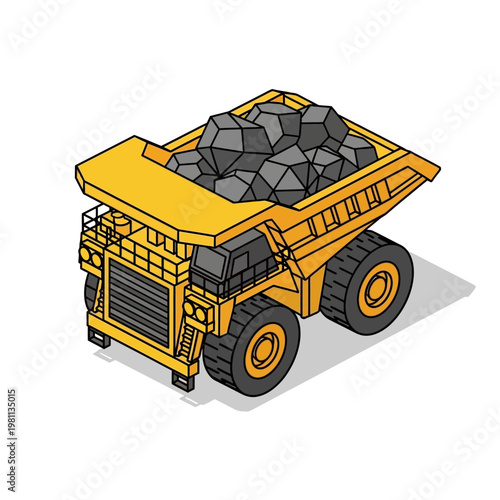 Heavy duty yellow mining dump truck loaded with rocks.