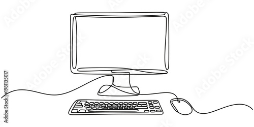 Continuous one line drawing of a desktop computer with monitor keyboard and mouse