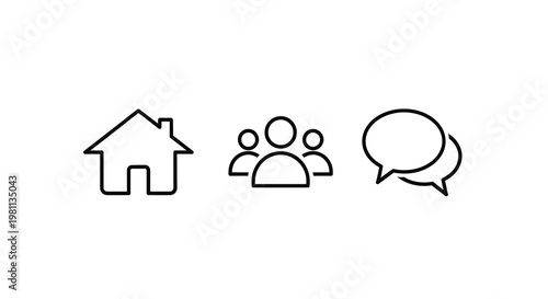 Simple line icons depicting home people and communication a silhouette