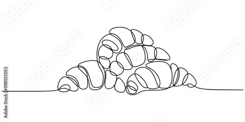 Continuous line drawing of three fresh croissants stacked together on a white background.