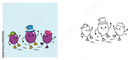 Cute Purple Grape Characters Running and Dancing Set with Coloring Page for Kids Activity Funny Fruit Illustration with Hats and Shoes for Educational Projects and Storybooks