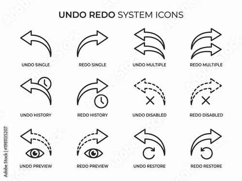 A set of 12 black and white system icons depicting undo and redo actions in various states and styles for use in software interfaces and applications.