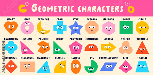 Pack with cute childish geometric characters with its names. Color elements with tiny stick legs, big eyes and funny emotions.