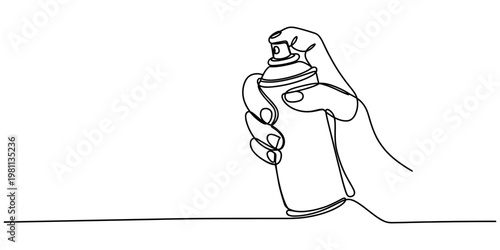 Continuous line drawing of a human hand holding and using a spray paint can on a white background.