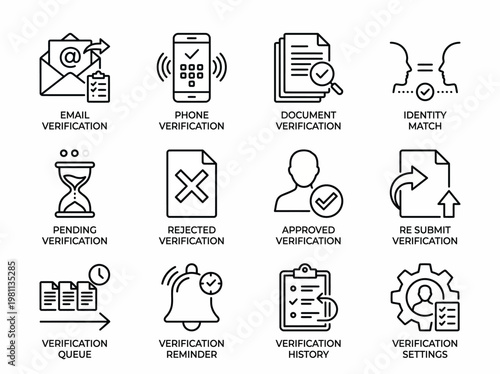 A minimalist set of 12 black line icons depicting various document verification processes, including email, phone, document verification, and more, on a white background.