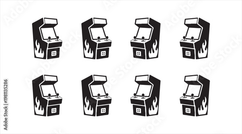 Retro arcade machine icons set with vintage gaming cabinet silhouettes