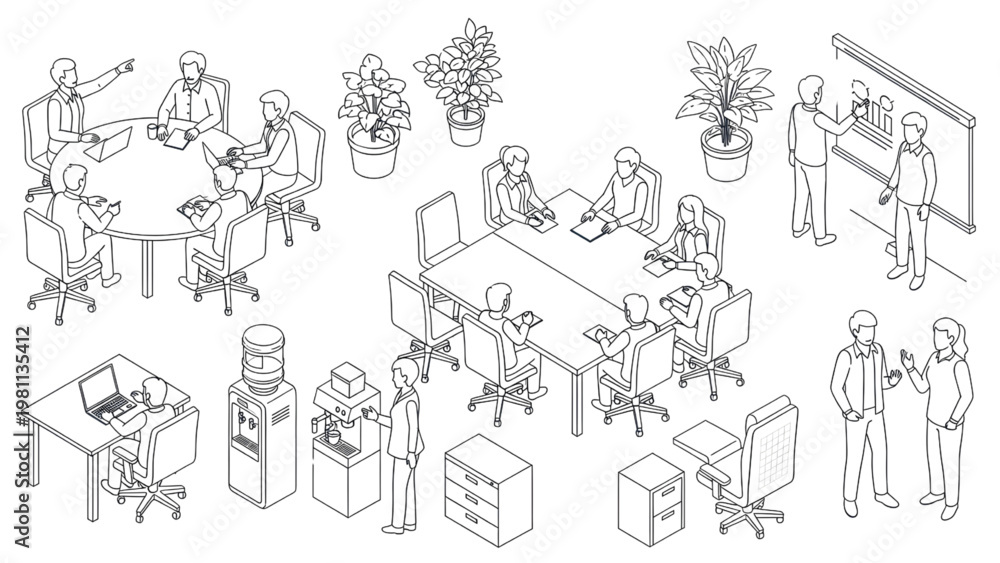 Obraz premium Isometric Office Meeting Workspace Architectural Blueprint Human Activity Vector Set, Technical Line Style Illustration, Isolated White Background