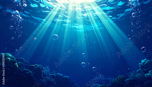 Sunlight filters through the clear blue water, illuminating a vibrant coral reef teeming with life and creating a mesmerizing underwater scene.