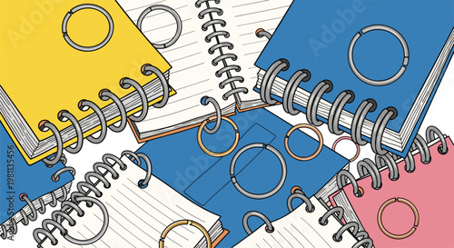 Lively seamless pattern showcasing an assortment of colorful spiral notebooks and loose metallic rings, randomly scattered across a clean white background, ideal for stationery themes.