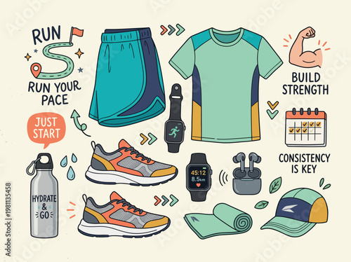 Fitness motivation concept with running gear, athletic wear, accessories, and inspirational quotes for exercising, workout routine, and healthy lifestyle