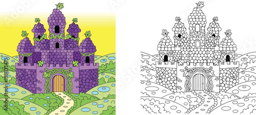 Whimsical Grape Castle Coloring Page for Kids - Fantasy Fruit Kingdom Illustration with Purple Turrets and Green Vines