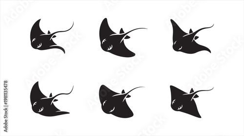 Minimal stingray icons set with marine animal silhouettes and ocean wildlife symbols