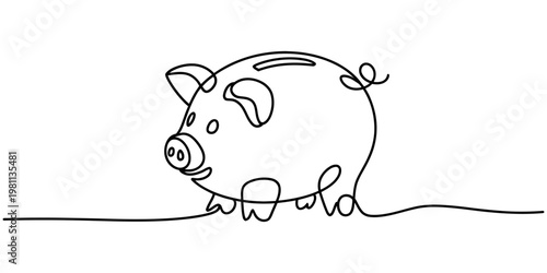 Continuous line drawing of a piggy bank on a white background. No editable stroke