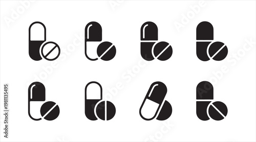 Black silhouette drug and capsule collection for healthcare and pharmacy concepts