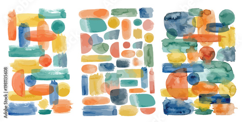 Abstract Watercolor Geometric Shapes Set Colorful Hand Painted Brush Stroke Composition Background