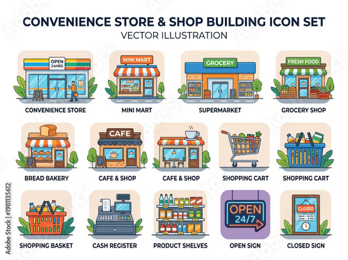 Convenience store and shop building icon set with various retail establishments, vector graphics, modern flat design, business and shopping concept, colorful flat icons.