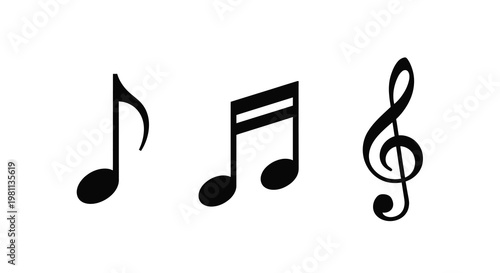 Three musical notes and a clef in black stark silhouette