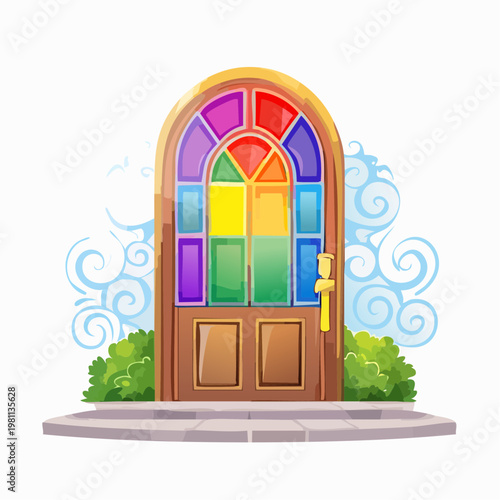 A colorful rainbow arched doorway with a golden handle, inviting entry
