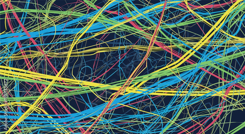 Dense and chaotic abstract network of numerous thin, curving lines in a vibrant array of colors on a dark blue background, resembling complex data.