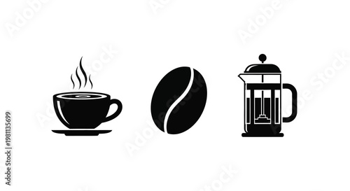 Coffee elements cup bean and french press in black silhouette