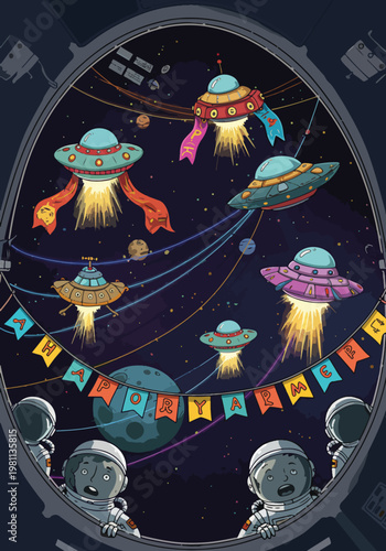 Whimsical illustration of a space party with flying saucers and surprised astronauts in a spaceship.