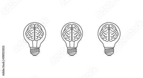 Three lightbulbs containing brains a conceptual illustration silhouette