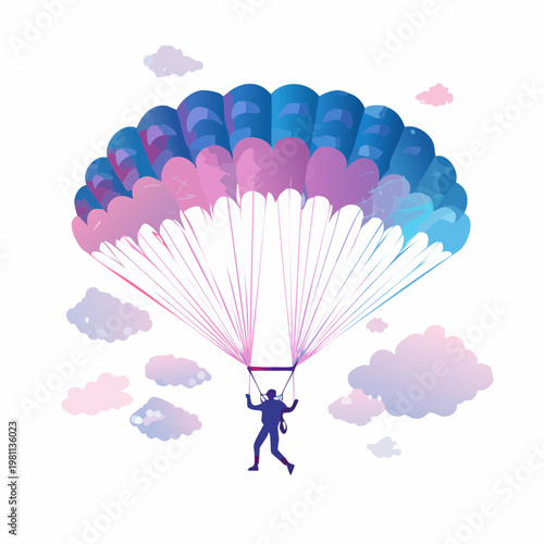Skydiver descending under a colorful parachute with clouds in a vibrant illustration