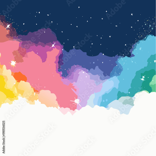 Vibrant Watercolor Dreamscape with Starry Night Sky and Fluffy Clouds