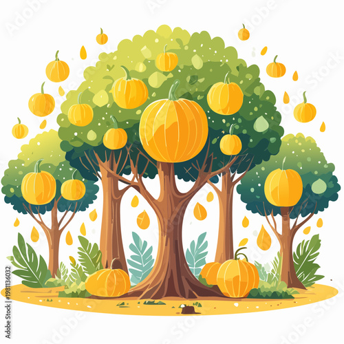 Autumn harvest scene with pumpkins on trees and the ground surrounded by green foliage