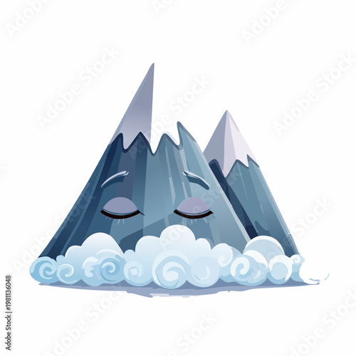 Cute Cartoon Mountains with Clouds Illustration, Peaceful Scenery Art
