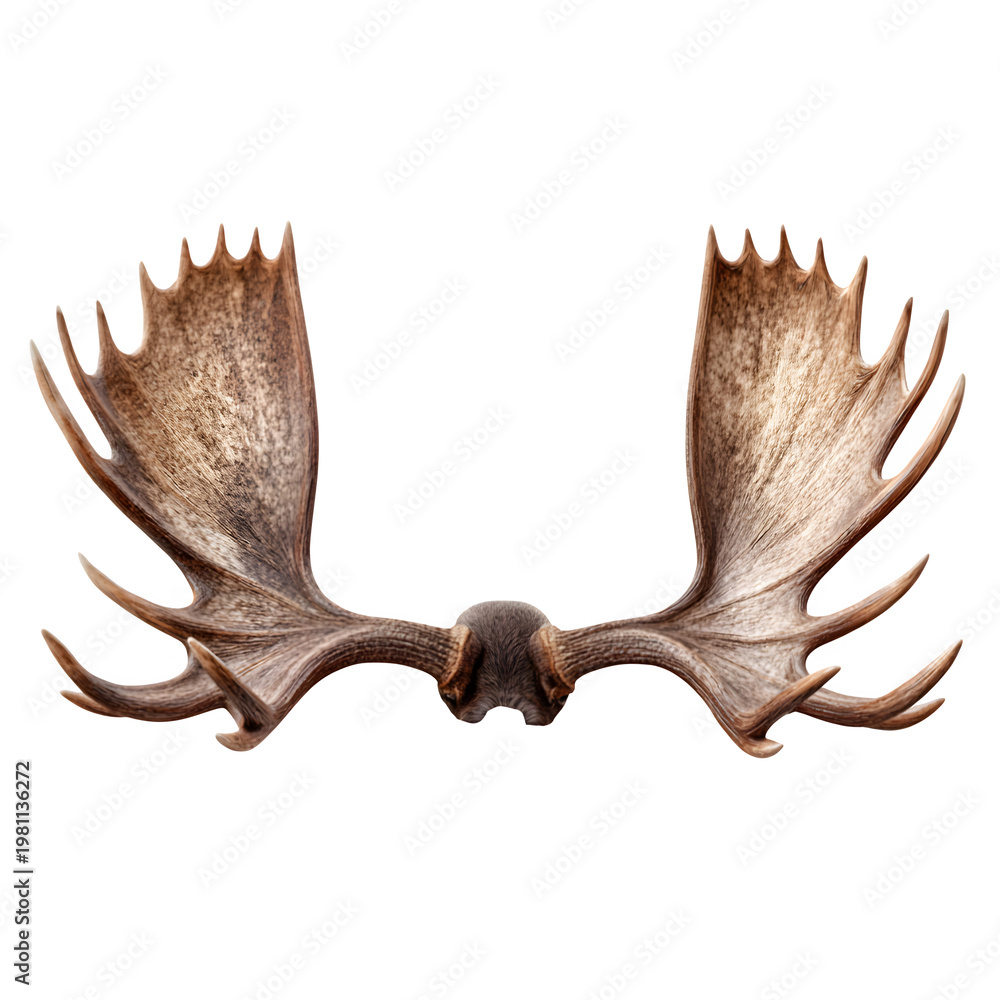 Fototapeta premium Pair of Natural Deer Antlers Isolated on White Background Rustic Wildlife Trophy Horns with Symmetrical Brown Antler Decoration and Woodland Hunting Theme