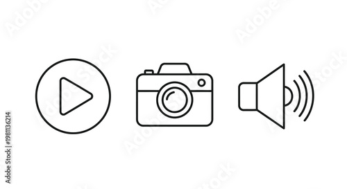 Media icons play camera and speaker in a linear silhouette