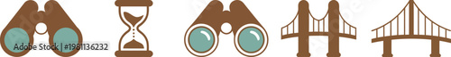 Minimalist icon set featuring binoculars for vision, an hourglass for time management, and suspension bridges for connection in a brown and teal flat vector style.