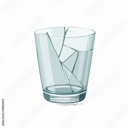 Broken glass cup with sharp fragments on white background, representing fragility and danger