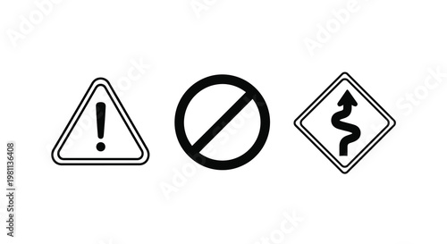 Three black road warning signs displayed on a white background silhouette