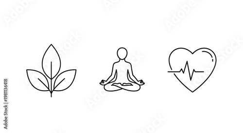 Minimalist icons depicting wellness featuring a meditative silhouette