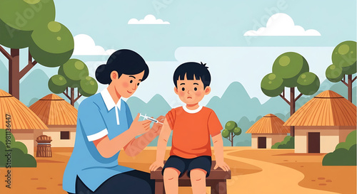 A compassionate healthcare professional delivers a crucial vaccination to a young child in a rural community setting, emphasizing global public health efforts and preventative medicine