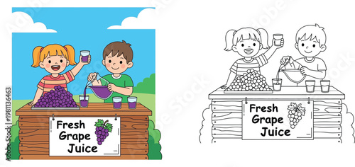  Kids Selling Fresh Grape Juice - Entrepreneurial Children's Stand Coloring Page