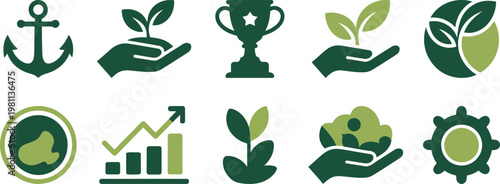 Sustainable Business Growth Icon Set Featuring Green Sprout in Hand Trophy Anchor and Financial Chart Vector Illustration Isolated on White Background