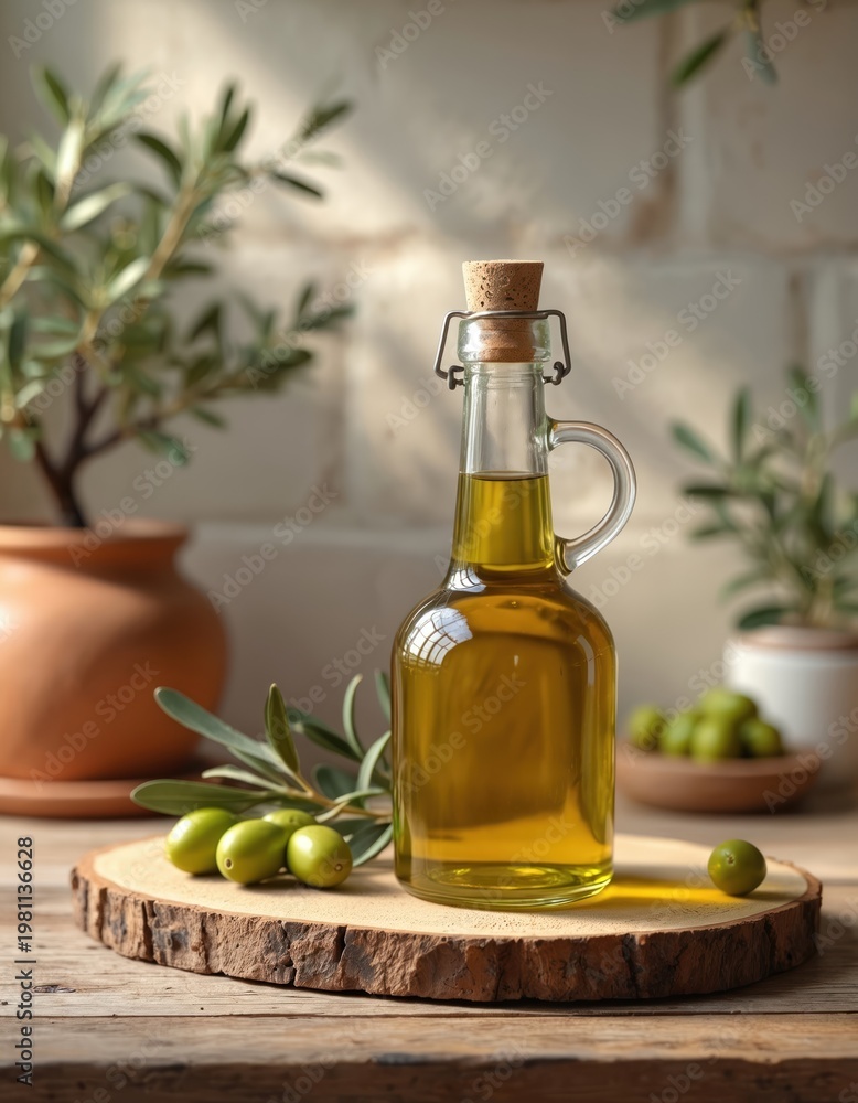 Obraz premium Glass bottle with golden olive oil sits on wood slice with fresh olives and branches. Rustic kitchen setting with pottery and plants adds natural charm. Healthy cooking ingredient.