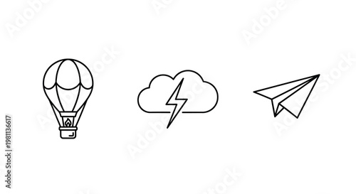 Minimalist icons of a hot air balloon storm and paper airplane silhouette