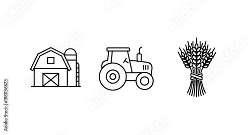 Farm buildings tractor and wheat in a simple line art silhouette